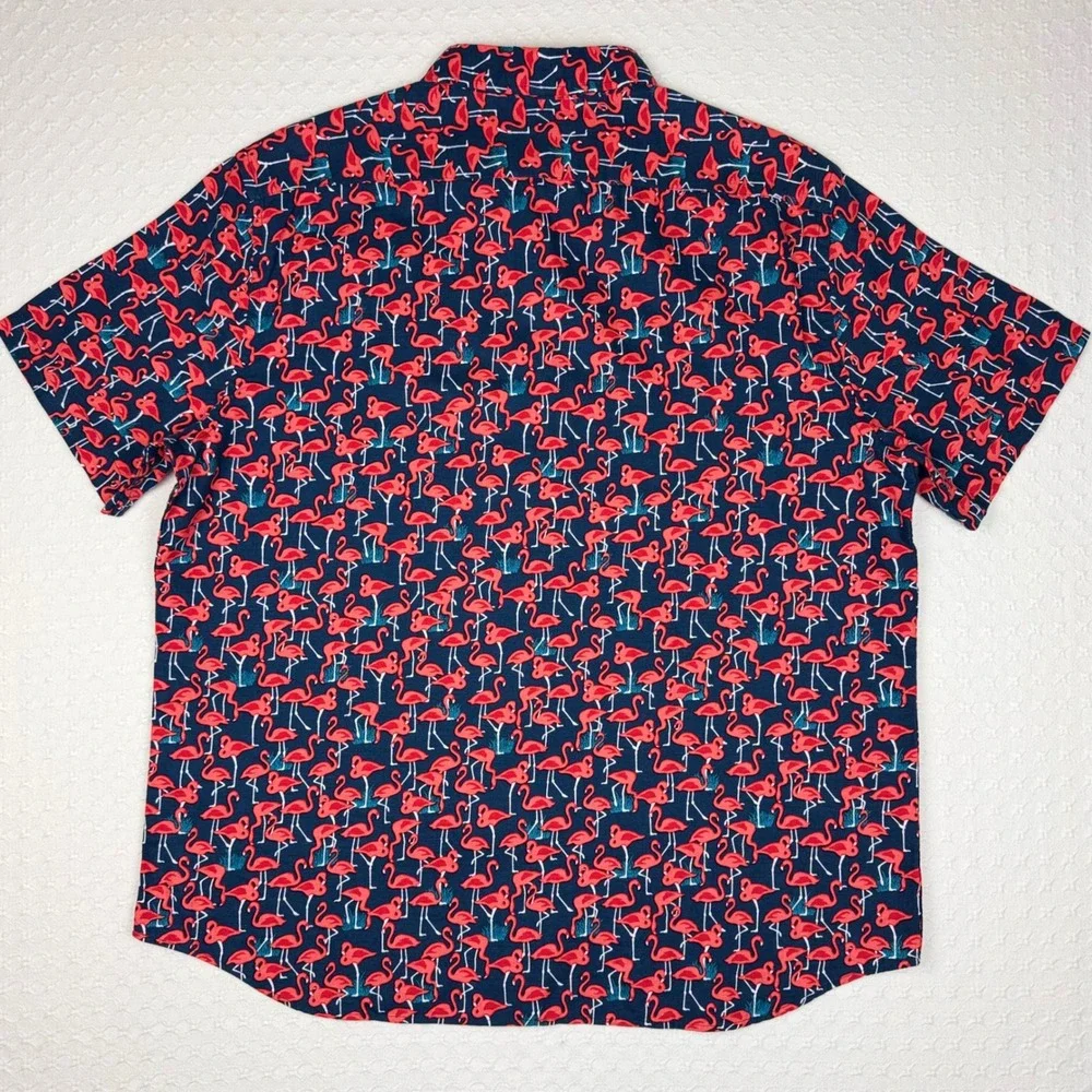 NWT Banana Republic Linen Blend Flamingo Shirt Slim Fit Mens‎ XL Navy Pink Red